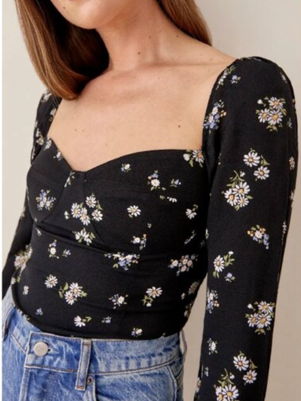 Reformation Black Daisy Sweetheart Long-Sleeve Crop Top